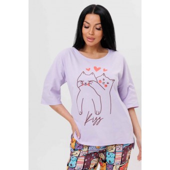 Костюм  женский       из кулирки    футболка с бриджами   фиолетовый  Животные Kuzina