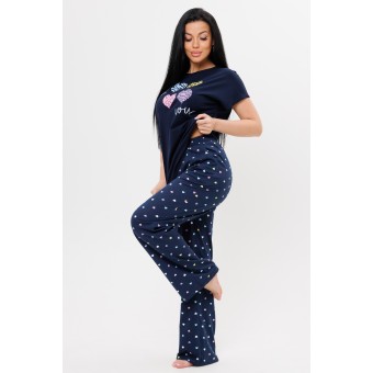 Костюм  женский       из кулирки    футболка с брюками   синий  Сердечки Kuzina