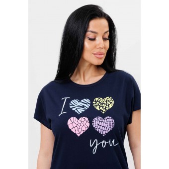 Костюм  женский       из кулирки    футболка с брюками   синий  Сердечки Kuzina