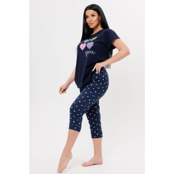 Костюм  женский       из кулирки    футболка с бриджами   синий  Сердечки Kuzina