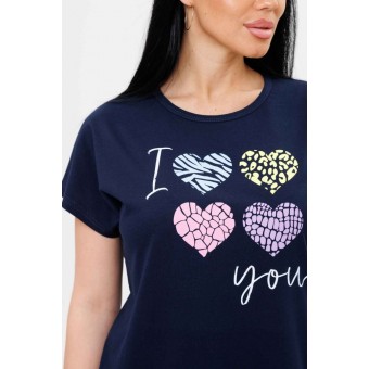 Костюм  женский       из кулирки    футболка с бриджами   синий  Сердечки Kuzina