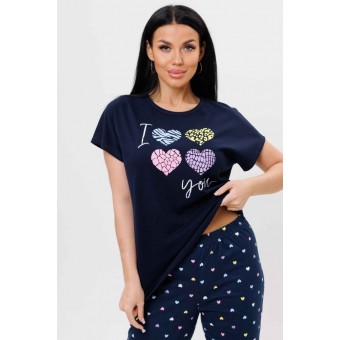 Костюм  женский       из кулирки    футболка с бриджами   синий  Сердечки Kuzina