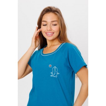 Костюм  женский       из кулирки    футболка с шортами   синий  Клетка Kuzina