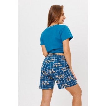 Костюм  женский       из кулирки    футболка с шортами   синий  Клетка Kuzina