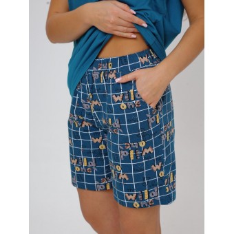 Костюм  женский       из кулирки    футболка с шортами   синий  Клетка Kuzina  