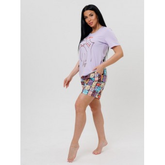 Костюм  женский       из кулирки    футболка с шортами   разноцветный  Животные Kuzina  