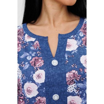 Костюм  женский       из кулирки    футболка с бриджами   синий  Цветы Kuzina