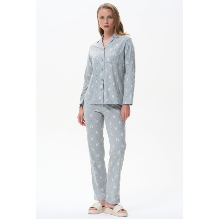 Пижама женская трикотажная на пуговицах рубашка с брюками зеленая