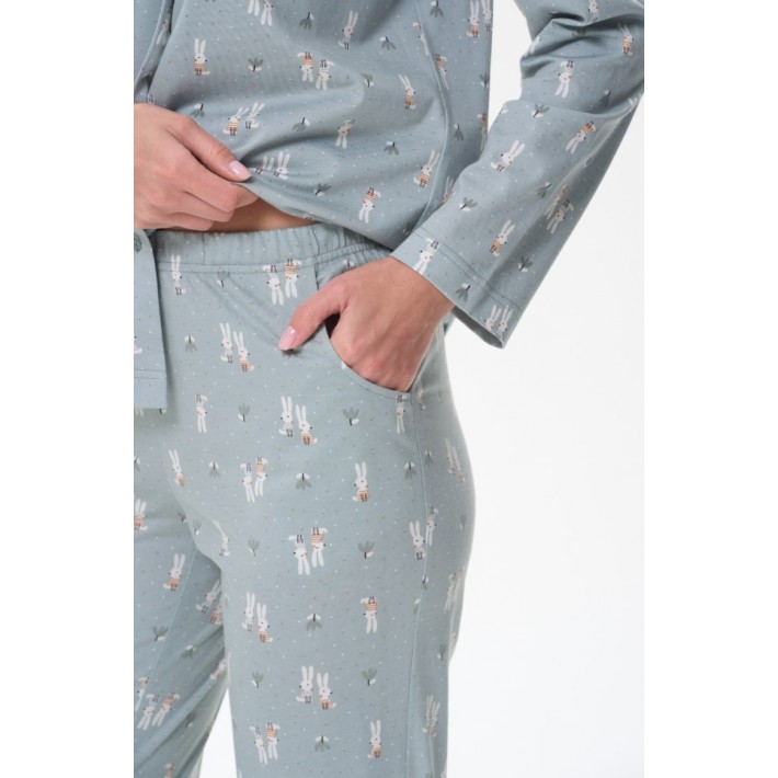 Пижама женская трикотажная на пуговицах рубашка с брюками зеленая