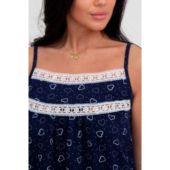 Сорочка  женская       из кулирки     на бретелях  синяя  Сердечки