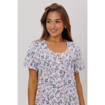 Сорочка  женская       из кулирки     с коротким рукавом  белая  Цветы