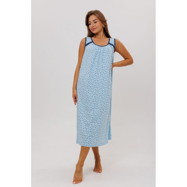 Сорочка женская из кулирки без рукавов голубая Цветы