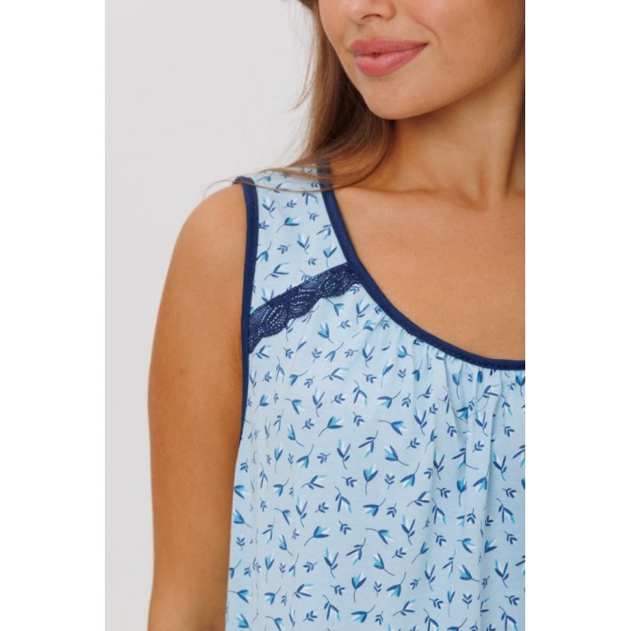 Сорочка женская из кулирки без рукавов голубая Цветы