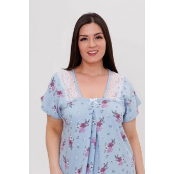 Сорочка  женская       из кулирки     с коротким рукавом  синяя  Цветы