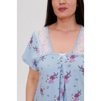 Сорочка  женская       из кулирки     с коротким рукавом  синяя  Цветы