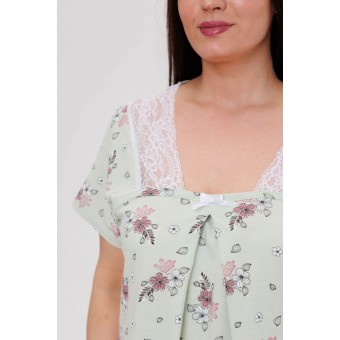 Сорочка  женская       из кулирки     с коротким рукавом  зеленая  Цветы