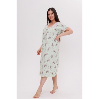 Сорочка  женская       из кулирки     с коротким рукавом  зеленая  Цветы