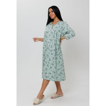 Сорочка  женская       из кулирки     с длинным рукавом  зеленая  Цветы