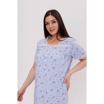 Сорочка  женская       из кулирки     с коротким рукавом  синяя  Цветы