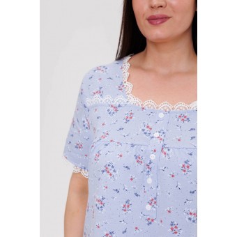 Сорочка  женская       из кулирки     с коротким рукавом  синяя  Цветы