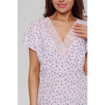 Сорочка  женская       из кулирки     с коротким рукавом  розовая  Цветы