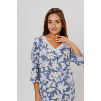 Сорочка  женская       из кулирки     с длинным рукавом  синяя  Цветы Kuzina