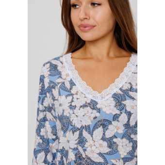 Сорочка  женская       из кулирки     с длинным рукавом  синяя  Цветы Kuzina