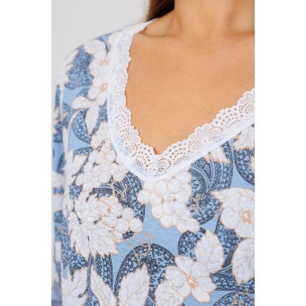 Сорочка  женская       из кулирки     с длинным рукавом  синяя  Цветы Kuzina