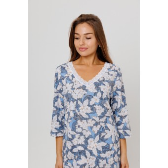 Сорочка  женская       из кулирки     с длинным рукавом  синяя  Цветы Kuzina