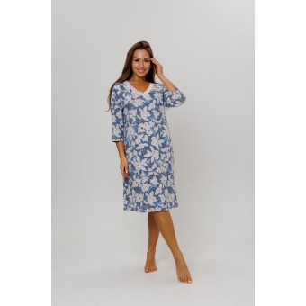 Сорочка  женская       из кулирки     с длинным рукавом  синяя  Цветы Kuzina