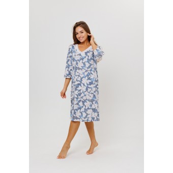 Сорочка  женская       из кулирки     с длинным рукавом  синяя  Цветы Kuzina