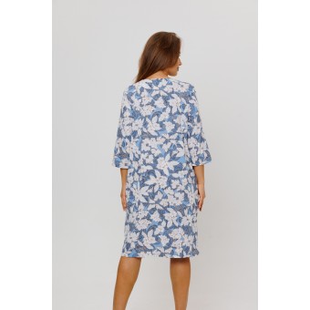 Сорочка  женская       из кулирки     с длинным рукавом  синяя  Цветы Kuzina