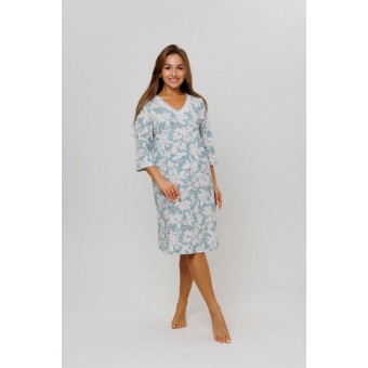 Сорочка  женская       из кулирки     с длинным рукавом  зеленая  Цветы Kuzina