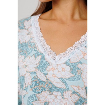 Сорочка  женская       из кулирки     с длинным рукавом  зеленая  Цветы Kuzina