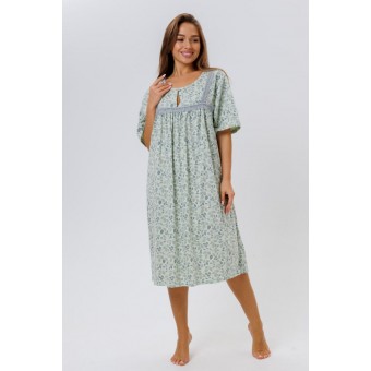 Сорочка  женская       из кулирки     с коротким рукавом  зеленая  Листья Kuzina