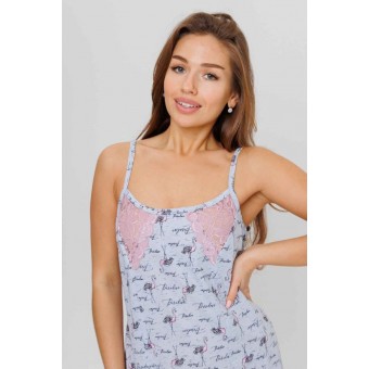 Сорочка  женская       из кулирки     на бретелях  серая  Птицы Kuzina