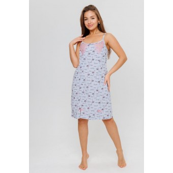 Сорочка  женская       из кулирки     на бретелях  серая  Птицы Kuzina