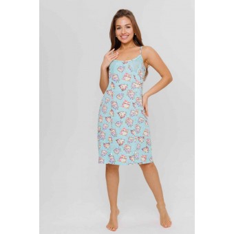 Сорочка  женская       из кулирки     на бретелях  голубая  Птицы Kuzina