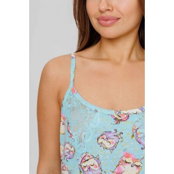 Сорочка  женская       из кулирки     на бретелях  голубая  Птицы Kuzina