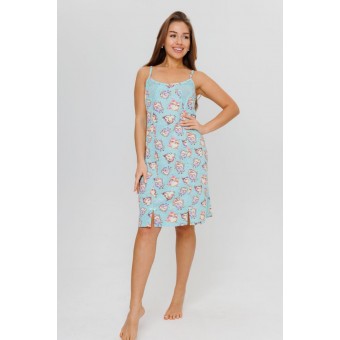 Сорочка  женская       из кулирки     на бретелях  голубая  Птицы Kuzina