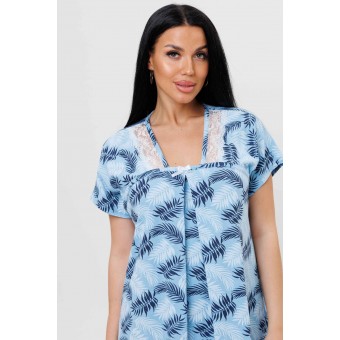 Сорочка  женская       из кулирки     с коротким рукавом  Голубой, Синий  Листья Kuzina