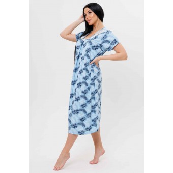 Сорочка  женская       из кулирки     с коротким рукавом  Голубой, Синий  Листья Kuzina