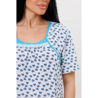 Сорочка  женская       из кулирки     с коротким рукавом  Белый, Голубой  Растения Kuzina