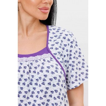 Сорочка  женская       из кулирки     с коротким рукавом  Белый, Фиолетовый  Растения Kuzina