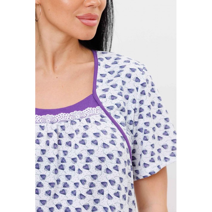Сорочка женская из кулирки с коротким рукавом Белый, Фиолетовый Растения Kuzina