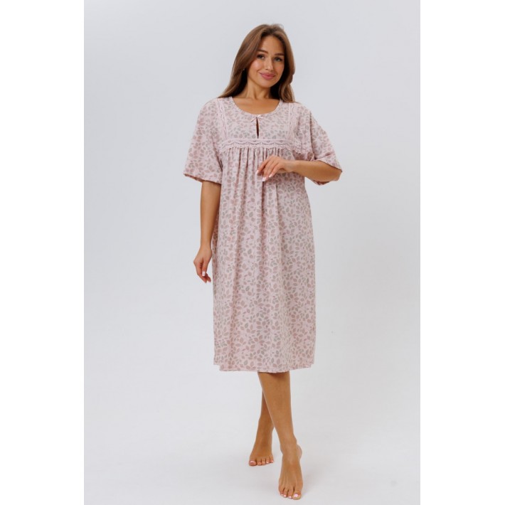 Сорочка женская из кулирки с коротким рукавом розовая Листья Kuzina