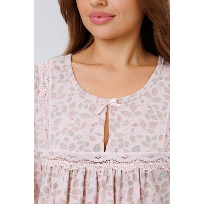 Сорочка женская из кулирки с коротким рукавом розовая Листья Kuzina