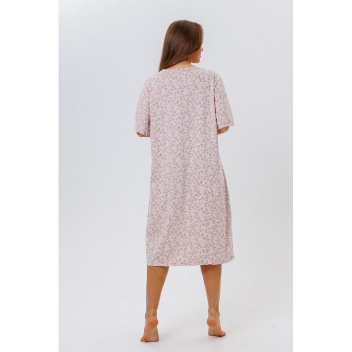 Сорочка женская из кулирки с коротким рукавом розовая Листья Kuzina