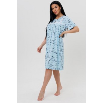 Сорочка  женская       из кулирки     с коротким рукавом  голубая  Цветы Kuzina