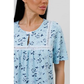 Сорочка  женская       из кулирки     с коротким рукавом  голубая  Цветы Kuzina